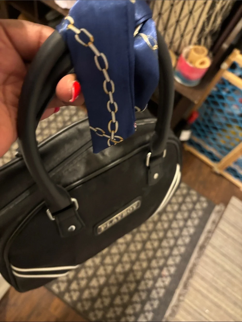 PLAYBOY Black Satchel /crossbody strap with White Piping Accents